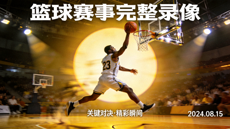 篮球赛事完整录像视频封面 - 球员突破上篮动作，球场灯光聚焦